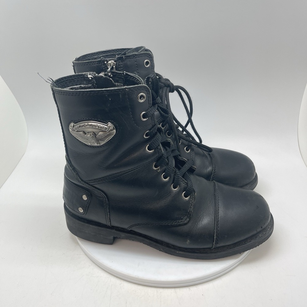 Harley Davidson Boots Mens 9 Black Leather Side Zip Lace Up Motorcycle Emblem